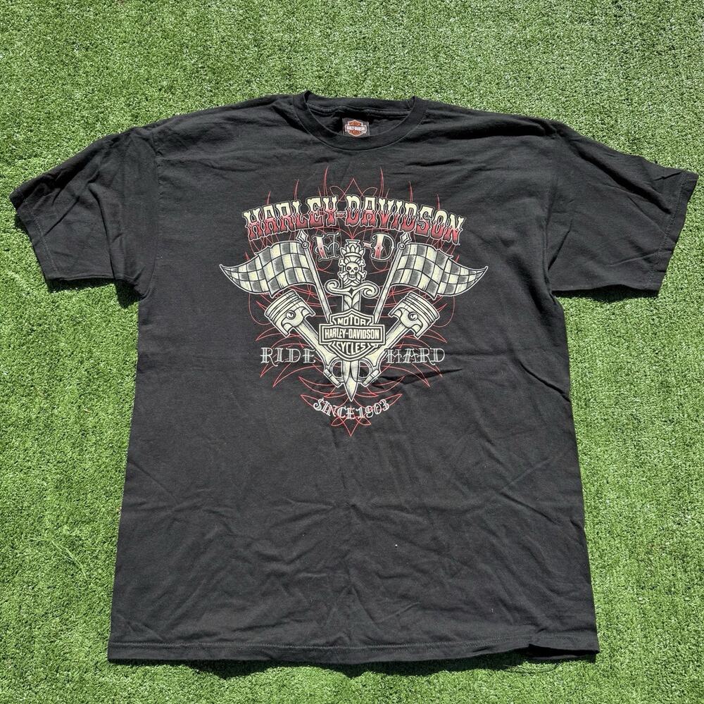 Y2K Harley-Davidson Men's XL St Kitts Black Graphic T-Shirt Ride Hard Motorcycle